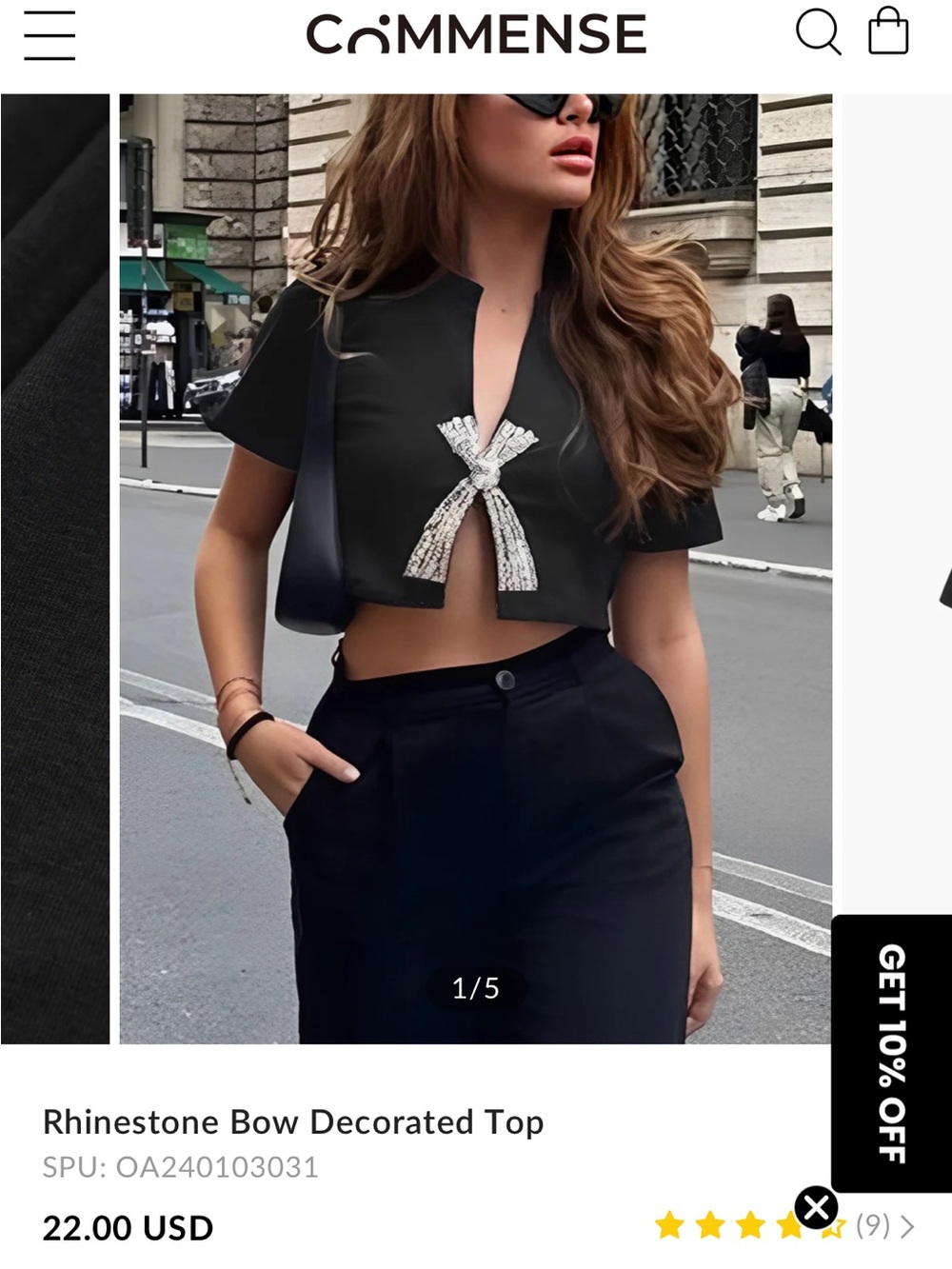 Commense Black Crop Top with Rhinestone Bow